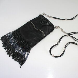 Artisan Bag Black Beaded I.D Credit Card Crossbody Pouch 5" L X 3.25" To 3.5" W